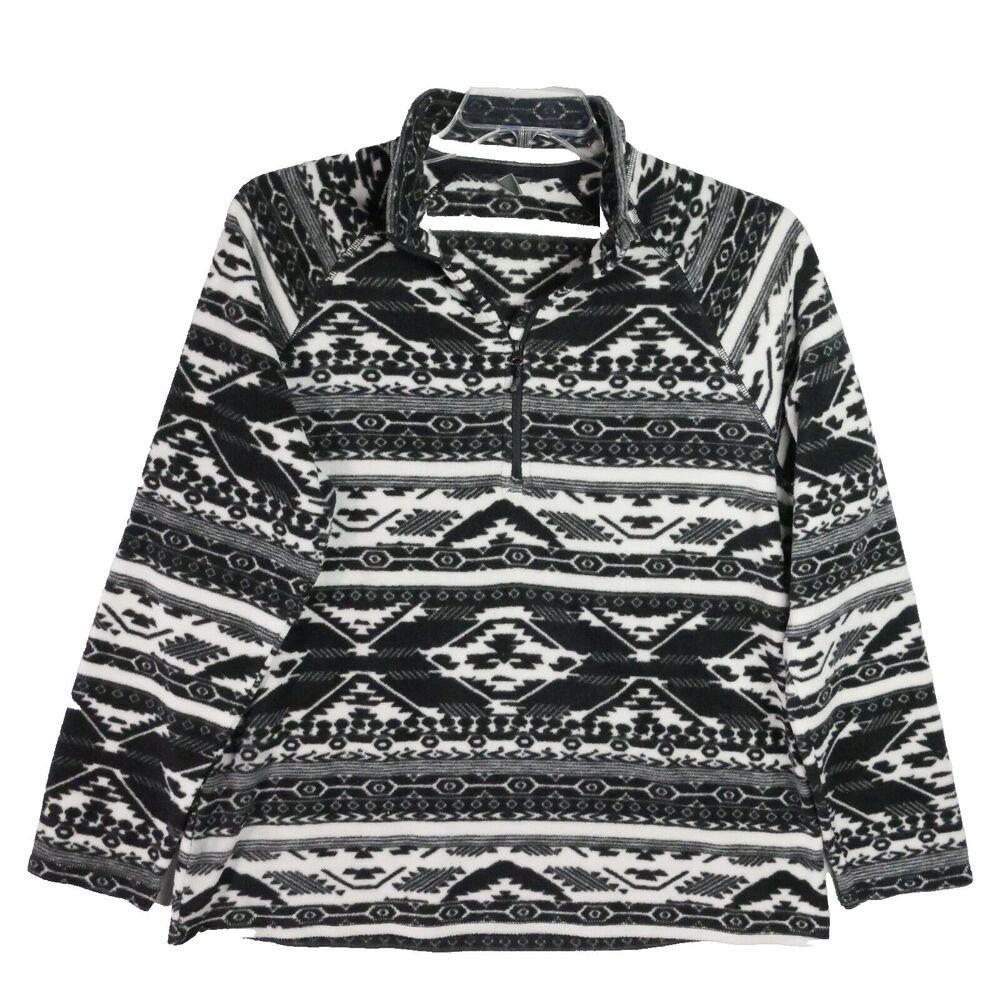 Eddie Bauer Women's Size L Fleece 1/4 Zip Black & White Long Sleeve Pullover Top